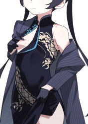 Rule 34 | 1girl, black gloves, black jacket, blue archive, breasts, closed mouth, clothes lift, commentary request, dragon print, dress, dress lift, gloves, head out of frame, highres, jacket, kisaki (blue archive), lifted by self, long hair, morisobo, nipples, print dress, simple background, sleeveless, sleeveless dress, small breasts, solo, striped clothes, striped jacket, sweat, thighs, twintails, vertical-striped clothes, vertical-striped jacket, white background