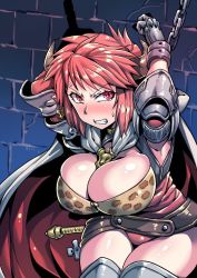 Rule 34 | 1girl, armor, armpits, breasts, cape, cleavage, earrings, granblue fantasy, horns, jewelry, large breasts, leotard, looking at viewer, red eyes, red hair, short hair, solo, sturm (granblue fantasy), thighhighs, tukiwani, weapon