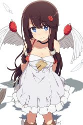 Rule 34 | 1girl, bad id, bad twitter id, blue eyes, brown hair, feathers, hair ornament, long hair, looking at viewer, ogipote, sekiyu-chan (yome), shadow, simple background, smile, solo, white background, wings