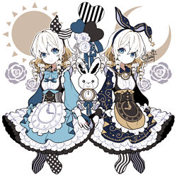 Rule 34 | 1other, 2girls, alice in wonderland, animal, animal ears, apron, artist name, blue dress, blue eyes, bow, center frills, clock print, colored skin, corset, crescent, cropped legs, dot mouth, dot nose, dress, drill hair, elina (e2n04n), fake animal ears, flower, flower (symbol), frilled apron, frilled dress, frills, hair between eyes, hair bow, hairband, heart, holding, holding pocket watch, jewelry, knees together feet apart, long sleeves, looking at viewer, medium hair, multiple girls, open mouth, original, patterned clothing, patterned legwear, petticoat, pocket watch, polka dot, polka dot legwear, puffy sleeves, rabbit, rabbit ears, rose, signature, simple background, sleeve cuffs, smile, star (symbol), star print, starry sky print, striped clothes, striped thighhighs, sun symbol, symmetry, thighhighs, vertical-striped clothes, vertical-striped thighhighs, watch, white background, white flower, white hair, white skin