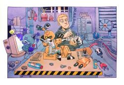 Rule 34 | 1boy, 2others, blacktailmon uver., cat, computer, digimon, digimon (creature), gloves, green eyes, highres, metabee, monitor, multiple others, robot, tail, tanemon