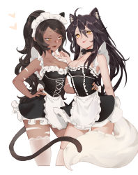 Rule 34 | 2girls, absurdres, ahri (league of legends), alternate costume, animal ears, apron, black choker, black dress, black hair, breasts, brown hair, cat ears, cat tail, choker, cleavage, collarbone, cropped legs, dark-skinned female, dark skin, dress, enmaided, fox ears, fox girl, french maid nidalee, frilled dress, frills, grey thighhighs, hair between eyes, hand on another&#039;s hip, hand on own hip, heart, highres, large breasts, league of legends, lipstick, long hair, maid, maid headdress, makeup, multiple girls, nail polish, nidalee, official alternate costume, orange eyes, ponytail, red lips, short dress, smile, tail, thighhighs, waist apron, xiuluoyi00, zettai ryouiki