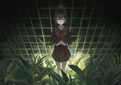 Rule 34 | 1girl, absurdres, black hair, black skirt, collarbone, highres, leaf, long hair, looking at viewer, original, own hands together, pink eyes, plant, pleated skirt, reflection, roupo99, school uniform, skirt, solo
