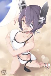 Rule 34 | 10s, 1girl, abs, ball, beachball, bikini, breasts, cleavage, eyepatch, fang, female focus, gradient background, highres, kantai collection, large breasts, mku, purple hair, sand, short hair, solo, swimsuit, tenryuu (kancolle), yellow eyes