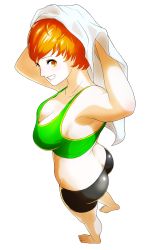 Rule 34 | 1girl, ass, barefoot, bike shorts, blush, breasts, brown eyes, butt crack, cleavage, highres, large breasts, orange hair, persona, persona 4, satonaka chie, shorts, solo, tagme, tank top, towel, white background