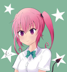 Rule 34 | 1girl, bad id, bad twitter id, blouse, bow, bowtie, collared shirt, dated, demon girl, green background, green bow, green bowtie, highres, long hair, nana asta deviluke, pink hair, purple eyes, school uniform, self-upload, shirt, short hair, smile, solo, source request, tail, to love-ru, twintails, upper body, white shirt