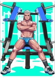 Rule 34 | 1boy, abs, bara, black socks, blue male underwear, border, closed mouth, crossed arms, full body, green background, gym, highres, light frown, looking at viewer, male focus, male underwear, maorenc, multiple boys, muscular, muscular male, navel hair, nipples, original, pectorals, shoes, short hair, socks, solo, underwear, white border, white footwear, white hair