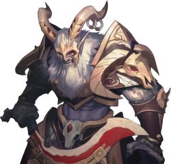 Rule 34 | 1boy, artist request, beard, chaos online, facial hair, grin, horn ornament, horn ring, horns, male focus, official art, pointy ears, red eyes, satyr (chaos online), skull, smile, solo, transparent background, weapon, white hair