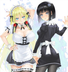 2girls alice_(bishoujo_mangekyou) ass bishoujo_mangekyou_(series) black_dress black_hair black_pantyhose blonde_hair blue_eyes blush breasts cleavage commentary_request dorothy_(bishoujo_mangekyou) dress expressionless flower frilled_thighhighs frills grey_eyes hair_flower hair_ornament happoubi_jin highres large_breasts long_hair looking_at_viewer maid maid_headdress multiple_girls pantyhose parted_lips short_hair small_breasts smile thighhighs very_long_hair zettai_ryouiki