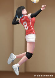Rule 34 | 1girl, absurdres, alternate breast size, ball, black hair, blue eyes, blush, breasts, colored inner hair, commentary, detached sleeves, english commentary, fingernails, flying sweatdrops, full body, gym, gym shorts, gym uniform, highres, indoors, jumping, knee brace, large breasts, lips, looking at object, looking up, multicolored hair, obosounds, original, outstretched arm, parted lips, profile, reaching, shoes, short hair, shorts, sleeveless, sweat, twitter username, volleyball, volleyball (object)