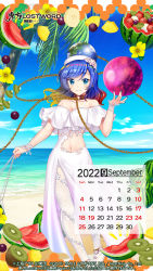 Rule 34 | 1girl, anklet, bare shoulders, beach, blue eyes, blue hair, blue nails, blue sky, blush, breasts, calendar (medium), chain, cleavage, clothing cutout, collar, collarbone, copyright name, copyright notice, dress, earth (ornament), floral print, flower, food, fruit, gradient hair, hecatia lapislazuli, hecatia lapislazuli (earth), highres, jewelry, kiwi (fruit), legs, long dress, looking at viewer, medium hair, moon (ornament), multicolored hair, nail polish, navel, ocean, official art, official wallpaper, palm tree, pantyhose, pineapple, pineapple slice, side slit, sky, smile, standing, stomach cutout, thighs, touhou, touhou lostword, tree, underworld (ornament), watermelon, wavy hair, white dress, white pantyhose, wristband, yellow flower