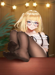 Rule 34 | 1girl, bare shoulders, blonde hair, blue eyes, blurry, blurry background, blush, brown pantyhose, collarbone, desk, dress, earrings, easonx, feet, feet up, glasses, grin, highres, hololive, hololive english, jewelry, legs on table, looking at viewer, medium hair, overall skirt, pantyhose, side ponytail, signature, smile, soles, thick thighs, thighs, toes, tsurime, virtual youtuber, watson amelia, watson amelia (street casual)