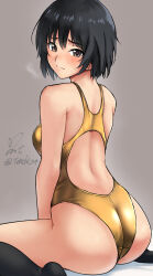 Rule 34 | 1girl, alternate costume, amagami, ass, black eyes, black hair, black socks, bob cut, breasts, breath, commentary request, competition swimsuit, from behind, gold one-piece swimsuit, golden week, grey background, highres, looking at viewer, looking back, medium breasts, nanasaki ai, one-piece swimsuit, short hair, sitting, socks, solo, steam, swimsuit, wariza, yoo tenchi