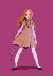 Rule 34 | 1girl, arms at sides, blonde hair, blue eyes, brown dress, dress, expressionless, forehead, highres, holding, holding knife, holding weapon, izawa kanomi, knife, long hair, long sleeves, looking at viewer, m3gan, m3gan (character), mary janes, neck ribbon, pantyhose, ribbon, shoes, simple background, solo, striped ribbon, striped sleeves, weapon, white pantyhose