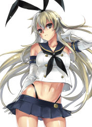 Rule 34 | 10s, 1girl, bad id, bad pixiv id, black eyes, blonde hair, crop top, crop top overhang, elbow gloves, gloves, hairband, kantai collection, long hair, microskirt, midriff, navel, personification, shimakaze (kancolle), shiny skin, shiromi (ringo), simple background, skindentation, skirt, solo, white background, white gloves