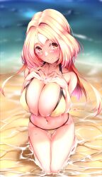 Rule 34 | 1girl, absurdres, bare shoulders, beach, bikini, blonde hair, blush, breast suppress, breasts, breasts squeezed together, cleavage, closed mouth, collarbone, from above, hair intakes, halterneck, hands up, heart, heart stickers, highres, huge breasts, kaede acer, large breasts, long hair, looking away, looking to the side, multicolored hair, navel, orange eyes, original, parted bangs, parted hair, pink hair, seiza, signature, sitting, skindentation, smile, solo, swimsuit, tareme, two-tone hair, water, yellow bikini
