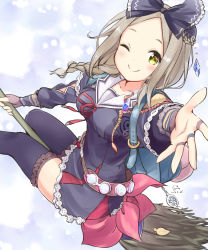 Rule 34 | 1girl, atelier (series), atelier firis, bad id, bad pixiv id, blue bow, blue dress, blue thighhighs, bow, braid, broom, broom riding, brown hair, closed mouth, dress, firis mistlud, green eyes, hair bow, highres, looking at viewer, minidraco, one eye closed, outstretched hand, sailor collar, short hair, signature, smile, solo, thighhighs, white sailor collar, zettai ryouiki