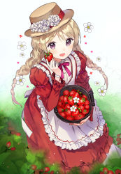 Rule 34 | 1girl, apron, arm ribbon, braid, brown hair, dress, flower, food, frills, from above, fruit, hand up, hat, hat flower, hat ribbon, holding, juliet sleeves, lolita fashion, long dress, long sleeves, looking at viewer, macciatto (aciel02), neck ribbon, open mouth, original, outdoors, plant, puffy sleeves, purple eyes, purple ribbon, red dress, red ribbon, ribbon, smile, solo, strawberry, twin braids