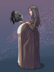 1girl apollyon_(for_honor) bad_id braid braided_ponytail brown_dress dress flower_background for_honor grey_hair hand_on_own_stomach helmet holding holding_helmet knight_helmet maiden maternal mature_female medieval motherly plus1b pregnant second-party_source side_profile solo standing ubisoft