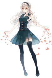 Rule 34 | 1girl,  hair, alternate costume, black hairband, blonde hair, closed mouth, corrin (female) (fire emblem), corrin (fire emblem), dress, fire emblem, fire emblem fates, hairband, highres, looking at viewer, nintendo, petals, pointy ears, red eyes, shioha, sleeveless, sleeveless dress, slit pupils, smile, solo, thighhighs, white background