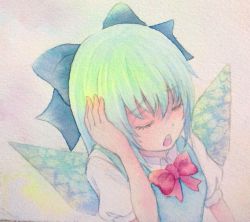 Rule 34 | 1girl, blue eyes, blue hair, bow, cirno, closed eyes, hair bow, hand on own ear, hand on own ear, highres, ice, ice wings, matching hair/eyes, open mouth, painting (medium), solo, touhou, traditional media, watercolor (medium), wings, yuyu (00365676)