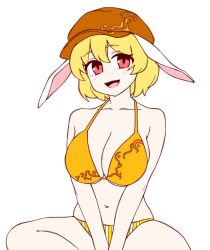 1girl animal_ears bikini blonde_hair blush breasts breasts_squeezed_together brown_hat cabbie_hat cleavage commentary feet_out_of_frame floppy_ears hat indian_style large_breasts looking_at_viewer mismatched_bikini onkn_sxkn open_mouth orange_bikini rabbit_ears rabbit_girl red_eyes ringo_(touhou) short_hair simple_background sitting smile solo striped_bikini striped_clothes swimsuit touhou white_background yellow_bikini