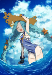 Rule 34 | 1girl, :d, arm up, armpits, blue hair, blue one-piece swimsuit, braid, brown hat, casual one-piece swimsuit, closed eyes, cloud, day, flat chest, floating hair, granblue fantasy, hand on headwear, hat, leaning forward, long hair, lyria (daughter of pearl) (granblue fantasy), lyria (granblue fantasy), mifuta, ocean, one-piece swimsuit, open mouth, outdoors, see-through, smile, solo, straw hat, sun hat, swimsuit, twin braids, twintails, very long hair, wrist cuffs