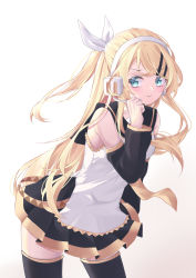Rule 34 | 1girl, absurdres, aged up, alternate hair length, alternate hairstyle, bare shoulders, black skirt, blonde hair, blue eyes, blush, bow, breasts, closed mouth, collarbone, contrapposto, cowboy shot, detached sleeves, frown, future style (module), gradient background, hair bow, hair ornament, hairclip, headset, highres, kagamine rin, long hair, looking away, medium breasts, microphone, necktie, pleated skirt, ponytail, pout, rjnf4437, sailor collar, shirt, sidelocks, sideways glance, skirt, sleeveless, sleeveless shirt, solo, thighhighs, vocaloid, white shirt, yellow necktie, zettai ryouiki