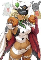 Rule 34 | 1girl, bag, bandages, breasts, burger, cape, clover, dark-skinned female, dark skin, dual wielding, eating, fingerless gloves, food, four-leaf clover, gloves, guilty gear, guilty gear strive, hair between eyes, hat, highres, holding, large breasts, long hair, looking at viewer, lucifero (guilty gear), midriff, navel, oetaro, orange eyes, paper bag, plastic bag, ramlethal valentine, revision, shorts, sideboob, simple background, solo, stomach, sweatdrop, thick thighs, thigh strap, thighs, wcdonald&#039;s, white background, white cape, white gloves