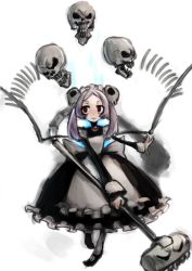 Rule 34 | 1girl, 2013, apron, artist request, bloody marie (skullgirls), brooch, dress, dust, fire, frilled apron, frilled dress, frills, full body, grey hair, hair ornament, holding, jewelry, maid headdress, mary janes, red eyes, shoes, skull, skull hair ornament, skullgirls, solo, twintails, vacuum cleaner, walking, white background
