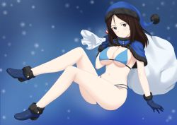 Rule 34 | 1girl, absurdres, bikini, black hair, blue bikini, blue capelet, blue eyes, blue footwear, blue gloves, blue hat, blue santa costume, breasts, capelet, carrying over shoulder, christmas, cleavage, closed mouth, commentary request, flatfield, floating, full body, girls und panzer, gloves, hat, highres, large breasts, legs, long hair, looking at viewer, multi-strapped bikini, navel, night, night sky, nonna (girls und panzer), partial commentary, sack, santa bikini, santa costume, santa hat, shoes, sky, smile, solo, star (sky), starry sky, swept bangs, swimsuit