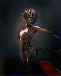 Rule 34 | 1girl, absurdres, black dress, black gloves, black hair, blood, blood on face, dagger, dress, from side, gloves, gold hairband, hairband, highres, holding, holding weapon, knife, kuroyamamiyuki, long hair, looking at viewer, red eyes, short hair with long locks, solo, spy x family, standing, stiletto (weapon), two-sided dress, two-sided fabric, weapon, yor briar