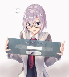 Rule 34 | 1girl, black dress, dress, eyes visible through hair, fate/grand order, fate (series), flying sweatdrops, gameplay mechanics, glasses, gradient background, hiiragii (hiiragi 0404), holding, jacket, looking at viewer, mash kyrielight, necktie, open mouth, partially translated, purple eyes, purple hair, red necktie, short hair, solo, translation request