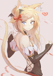 Rule 34 | 1girl, 3:, absurdres, animal ears, bare shoulders, beige background, bell, neck bell, black gloves, blonde hair, blue eyes, blush, breasts, cat ears, cat tail, closed mouth, collar, commentary request, elbow gloves, fang, fang out, from side, gloves, halloween, heart, highres, jingle bell, kentllaall, long hair, looking at viewer, looking back, original, sidelocks, simple background, small breasts, solo, tail, tsurime, upper body