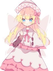 Rule 34 | 1girl, black sleeves, blonde hair, blue eyes, blush, bow, collared dress, commentary, dot mouth, dress, fairy wings, hair bow, hat, heart, highres, layered dress, lily white, long hair, looking at viewer, multicolored clothes, multicolored dress, pink bow, pink dress, roamu 65, solo, sweater under dress, touhou, very long hair, white dress, white hat, wings