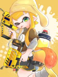 Rule 34 | 1girl, ;p, animal ears, beanie, black shorts, blonde hair, brown shirt, commentary, dolphin shorts, dual wielding, fake animal ears, from side, glooga dualies (splatoon), gomamiso (gomagoma bba), gradient hair, green eyes, grey socks, gym shorts, hat, highres, holding, holding weapon, ink tank (splatoon), inkling, inkling girl, inkling player character, layered sleeves, leg up, logo, long hair, long sleeves, looking at viewer, multicolored hair, nintendo, octoling player character, one eye closed, orange hair, paint splatter, pompompurin, print shirt, sandals, sanrio, shirt, short over long sleeves, short shorts, short sleeves, shorts, socks, solo, splatoon (series), splatoon 2, standing, standing on one leg, t-shirt, tentacle hair, tongue, tongue out, trigger discipline, very long hair, weapon, yellow background, yellow footwear, yellow hat, yellow theme