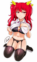 Rule 34 | 10s, 1girl, black bra, black panties, blush, bra, breasts, clothes lift, feet, female focus, garter straps, highres, large breasts, lingerie, long hair, naughty face, navel, panties, rakudai kishi no cavalry, red eyes, red hair, shirt lift, simple background, solo, sound tamashi, stella vermillion, thighhighs, twintails, underwear, undressing