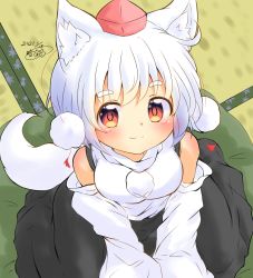 Rule 34 | 1girl, absurdres, animal ear fluff, animal ears, black skirt, blush, breasts, commentary request, dated, detached sleeves, from above, highres, inubashiri momiji, long sleeves, looking at viewer, medium breasts, pom pom (clothes), red eyes, shirt, short hair, signature, skirt, smile, solo, tail, thick eyebrows, touhou, white hair, white shirt, wide sleeves, wolf ears, wolf tail, yaminabe (honnouji no kaninabe)