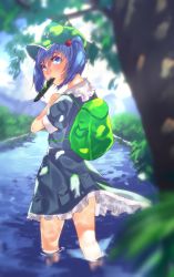 Rule 34 | 1girl, asuzemu, backpack, bad id, bad pixiv id, bag, blue eyes, blue hair, blush, cucumber, from side, hair bobbles, hair ornament, hat, kawashiro nitori, lake, looking at viewer, looking back, matching hair/eyes, mouth hold, nature, partially submerged, pocket, puffy sleeves, shirt, short sleeves, skirt, skirt set, solo, touhou, tree, tree shade, twintails, two side up, wading