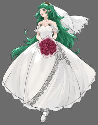 Rule 34 | 1girl, alternate hairstyle, bouquet, bride, dress, fire emblem, fire emblem: three houses, flower, green eyes, green hair, grey background, hair ornament, holding, holding bouquet, long hair, nintendo, one eye closed, open mouth, pointy ears, sakuremi, simple background, solo, sothis (fire emblem), veil, wedding dress, white dress