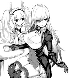 Rule 34 | 2girls, azur lane, breasts, chair, cleavage, closed mouth, cup, doughnut, dunkerque (azur lane), food, gloves, greyscale, holding, holding cup, holding food, hori (hori no su), laffey (azur lane), large breasts, looking away, monochrome, multiple girls, parted lips, pleated skirt, simple background, sitting, skirt, swept bangs, thighhighs, twintails, white background