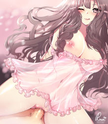 Rule 34 | 1girl, arms behind back, blush, breasts, brown hair, commission, commissioner upload, cowgirl position, dress, fire emblem, fire emblem awakening, heart, heart in eye, highres, lingerie, long hair, navel, negligee, nightgown, nintendo, one eye closed, pink dress, ririsaurus, sex, shiny skin, smile, spread legs, straddling, sumia (fire emblem), symbol in eye, tongue, tongue out, underwear