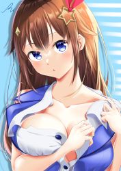 Rule 34 | 1girl, absurdres, blue background, blue eyes, breasts, brown hair, buttons, cleavage, collarbone, hair ornament, hair ribbon, hairclip, highres, hololive, large breasts, parted lips, ribbon, ru (wtf8malo24), signature, solo, tokino sora, tokino sora (1st costume), unbuttoned, unbuttoned shirt, upper body, vest, virtual youtuber