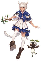 Rule 34 | 1girl, aged down, animal ears, blue eyes, cat ears, cat tail, child, dark-skinned female, dark skin, facial mark, female focus, final fantasy, final fantasy xiv, highres, holding, holding wand, looking at viewer, makimura shunsuke, mandragora (final fantasy), over-kneehighs, short hair, slit pupils, smile, solo, solo focus, tail, thighhighs, wand, whisker markings, white background, white hair, y&#039;shtola rhul