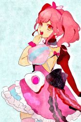 Rule 34 | 10s, 1girl, back cutout, blue background, blush, bow, clothing cutout, dress, frilled dress, frills, hairband, idol clothes, macross, macross delta, makina nakajima, obaranka417, open mouth, pink bow, pink dress, pink hair, puffy short sleeves, puffy sleeves, short sleeves, smile, solo, twintails, yellow eyes