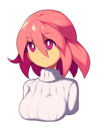 Rule 34 | 1girl, breasts, bright pupils, hair between eyes, metata, original, pink eyes, pink hair, ribbed sweater, short hair, simple background, solo, sweater, turtleneck, upper body, white background, white pupils