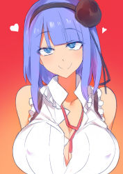 Rule 34 | 10s, 1girl, bad id, bad pixiv id, bare shoulders, blue eyes, breasts, chinese commentary, cleavage, commentary request, covered erect nipples, dagashi kashi, flower, gradient background, hair flower, hair ornament, hairband, heart, large breasts, orange background, purple hair, red background, shidare hotaru, sleeveless, smile, solo, suspenders, yostxxx