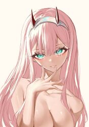 1girl absurdres breasts cleavage collarbone darling_in_the_franxx earrings eyeliner green_eyes hairband hand_up heart heart_earrings highres horns horz jewelry long_hair makeup medium_breasts nude open_hand parted_lips pink_hair red_eyeliner red_horns ring simple_background solo upper_body white_background white_hairband zero_two_(darling_in_the_franxx)