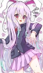 Rule 34 | 1girl, @ @, absurdres, animal ears, blazer, blush, buttons, collared shirt, eyelashes, feet out of frame, highres, jacket, kayon (touzoku), light purple hair, long hair, long sleeves, looking to the side, miniskirt, necktie, open mouth, pink skirt, pleated skirt, purple eyes, rabbit ears, red eyes, red necktie, reisen udongein inaba, shirt, sidelocks, skirt, solo, standing, suit jacket, sweatdrop, thighs, tongue, touhou, very long hair, white shirt, wing collar