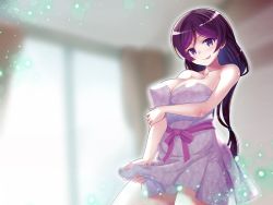 Rule 34 | 1futa, blush, breasts, bulge, cleavage, dress, erection, erection under clothes, futanari, large breasts, licking lips, long hair, looking at viewer, precum, purple eyes, purple hair, smile, solo, strapless, strapless dress, tongue, tongue out